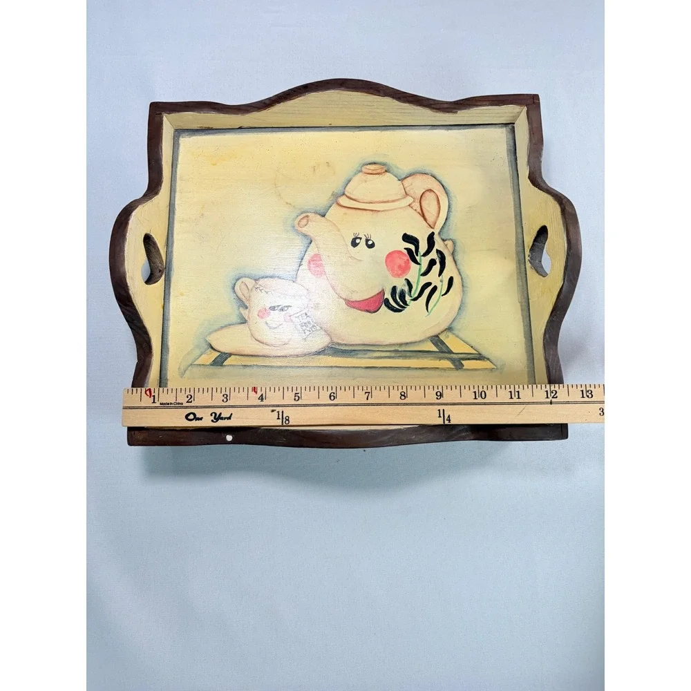 Vintage Hand Painted‎ Wooden Tea Tray Teapot Kitchen Serving Cottage Decor